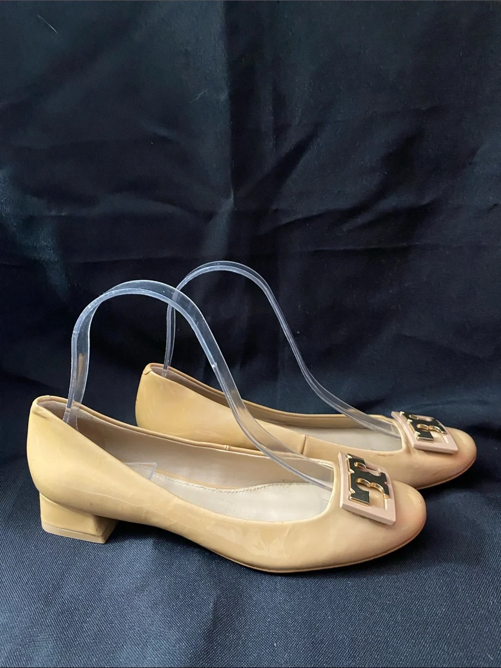 Tory Burch Tan Patent Leather Flats with Gold Logo